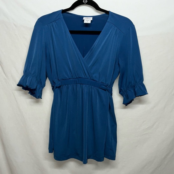 Oh Baby by Motherhood Maternity Blue Faux Wrap V-Neck Blouse Perfect for Photos - Picture 1 of 10